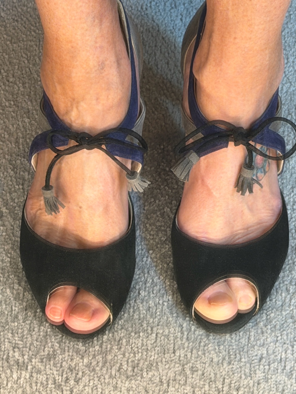 Boden Black Suede Peep-Toe Heels with Navy& Grey  Lace-Up Ties Bows Very Cute